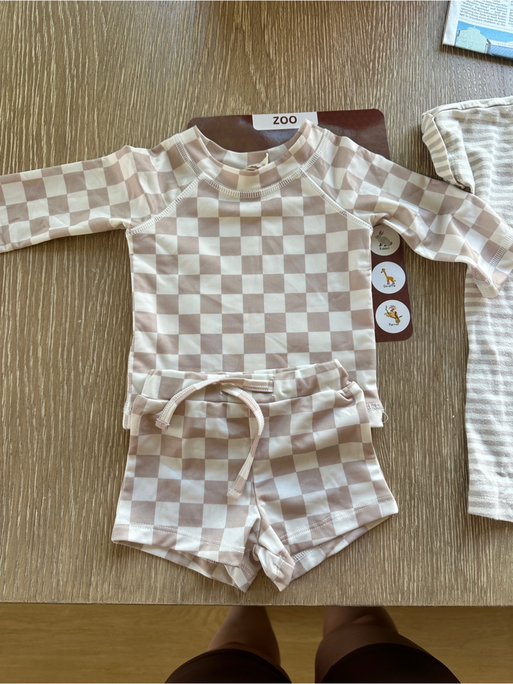 Kids Checkered Long-Sleeve Swim Trunks One-Piece - Cream Taupe